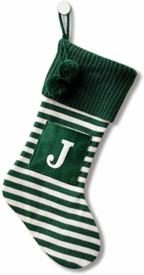 Stockings & Holders - 20 Inches Initial Monogram Embroidered Christmas Stocking Striped knitted Christmas Decorations Stocking Red,White, Green Letter Stockings for Family Holiday and Xmas Tree Fireplace Decor-50-J-Green