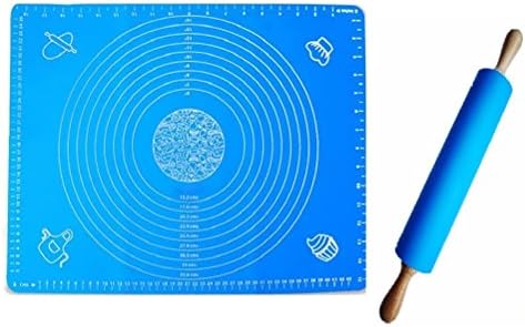 Non-Stick Rolling Pin and Silicone Baking Mat Set (Blue19.7X15.7 IN+Blue1.97X15.15)