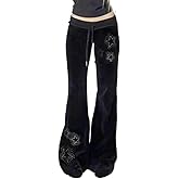 BONVEN Womens Y2k Gothic Drawstring Flare Pants Streetwear Casual Star Rhinestone Low Rise Disco Pants Bell Bottoms