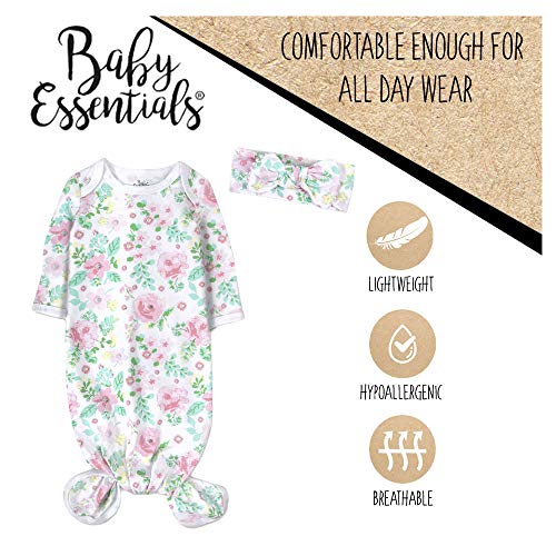 Coming Home Outfit for Baby Girl Newborn - Fall/Winter Knotted Infant Sleeper Gown with Headband (Tropical Flowers)