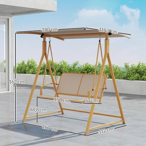 Balancelle de jardin extérieure 2 places avec auvent réglable à 90°, protection UV 30+ et structure triangulaire en métal, charge 220 kg, 160 x 112 x 162 cm, kaki