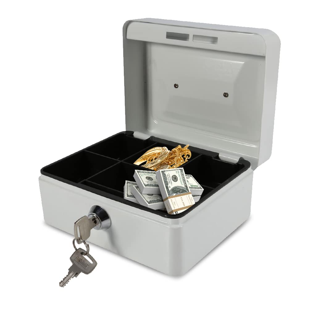 Mini Safe with 2 Keys, High Security Steel Lock Safes Home Office Cash Storage Box, 2-Layer, Top Layer with 6 Compartments (White)