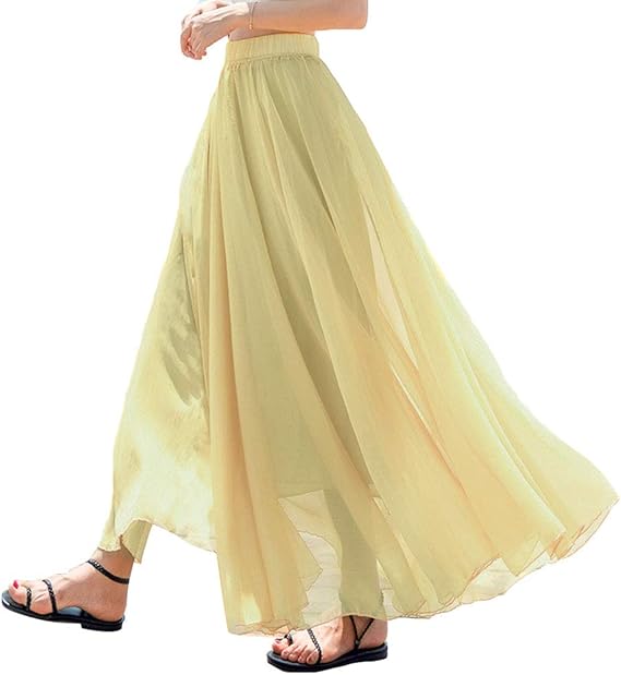 Amazon Taotech マキシスカート レディース 大幅 フレア 花柄 シフォン スカート ロング 体型カバー ウエストゴム 裏地付き フリーサイズ 無地 ベージュ スカート 通販