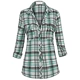Women's Classic Collar Button Down Roll Up Long Sleeve Cotton Plaid Shirt