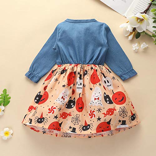 JBEELATE Baby Girls Halloween Denim Dress Long Sleeve Ruffle Button Dress Ghost Printed Tutu Skirt (Halloween Pumpkin, 2-3T)
