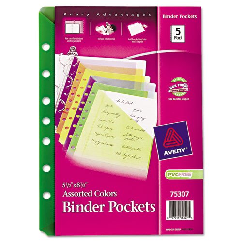 Avery Mini Binder Pockets, Fits 3-Ring and 7-Ring Binders, Assorted, Pack of 5 (75307) (5-Pack Bundle, Assorted) - Bundle Includes Plexon Ballpoint Pen