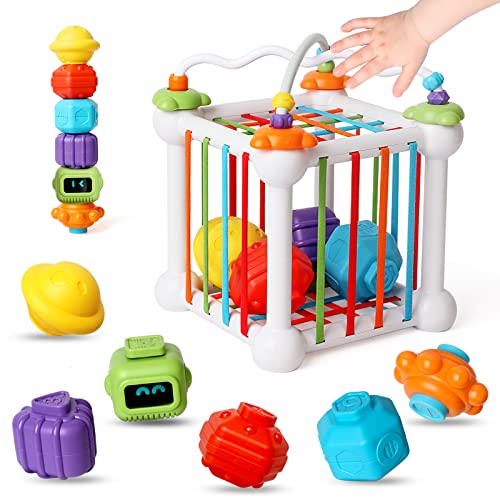 Abellzos Baby Shape Sorter Toys, Montessori Toys for 1 Year Old,Colorful Storage Cube Bin & 6