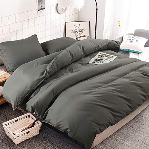 INGALIK Bedding 3 Piece Duvet Cover Set Queen Size with Zipper Closure Ultra Soft Breathable 100% Washed Microfiber Hotel Luxury Solid Color Collection 3pc (1 Duvet Cover + 2 Pillow Shams) Dark Gray