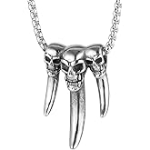 Men's Gothic Punk Hip Hop Rock Viking Tribe Skull And Wolf Teeth Pendant Necklace, 316L Stainless Steel, Silver Stainless Steel Square Pearl Chain,Vintage Halloween Jewelry