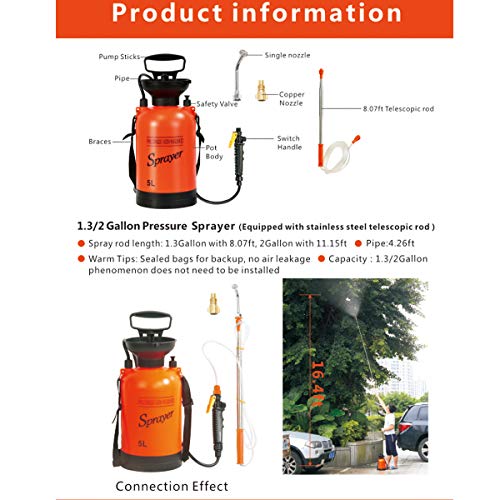 CLICIC 1.3 Gallon Pressure Sprayer Lawn Yard and Garden Sprayer, with 2 Kinds of Sprinkling Modes, Spray 16.4 Feet - Thumbnail 2