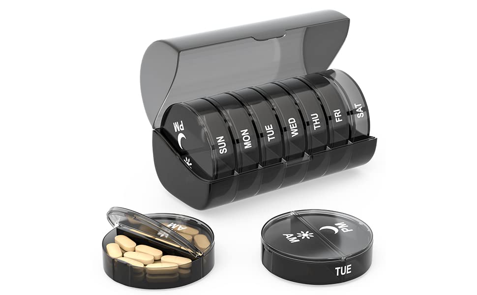 Ved Weekly Pill Box Organiser | Easy to Open 2 Times a Day | Travel Tablet Box with Push Button Pop Open Design | Medication Organiser for Vitamins & Supplements