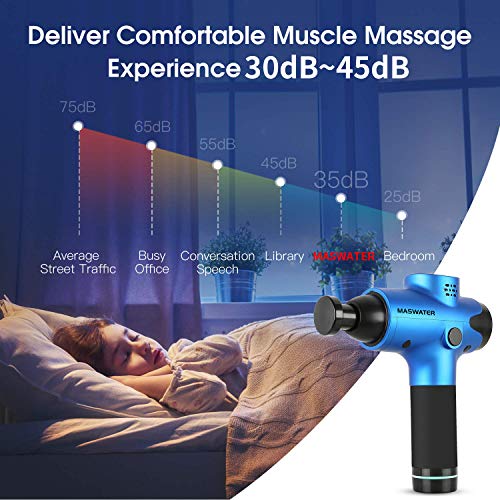 Massage Gun, Percussion Muscle Massager with 6 Replaceable Heads and LCD Touch Screen, Ultra-Quiet, 20 Speeds Level for Muscle Tension Relief - MASWATER Massager (Blue)