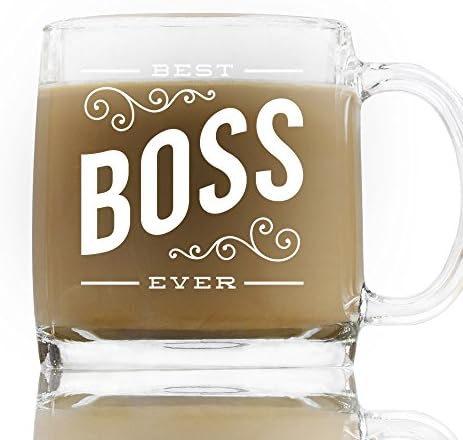 Best Boss Ever 13 Oz Glass Coffee Mug, Cafe Classic for CoWorkers, Screenprinted in White Promotion Novelty Cup