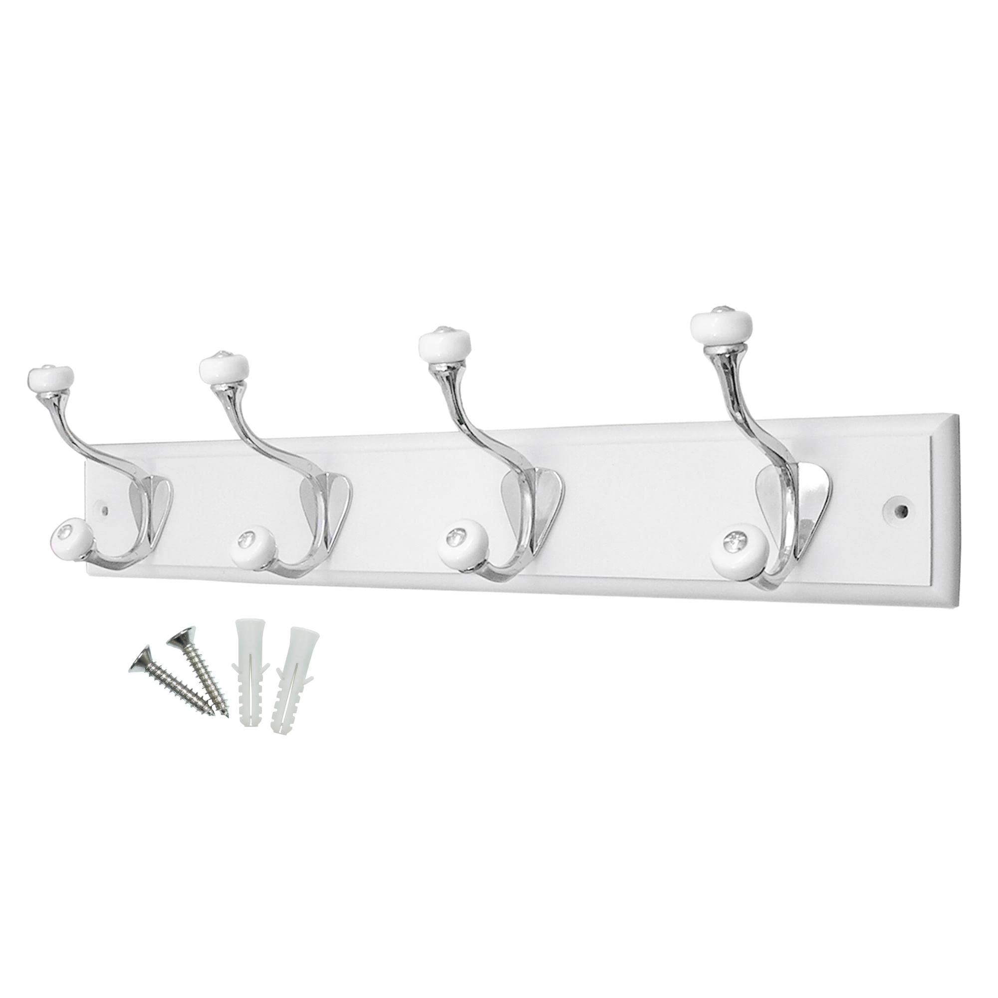 keypak 4-Hook Wall-Mounted Coat Rack, 45cm - White Board, Ceramic Tip Coat Hooks - Fixings Included
