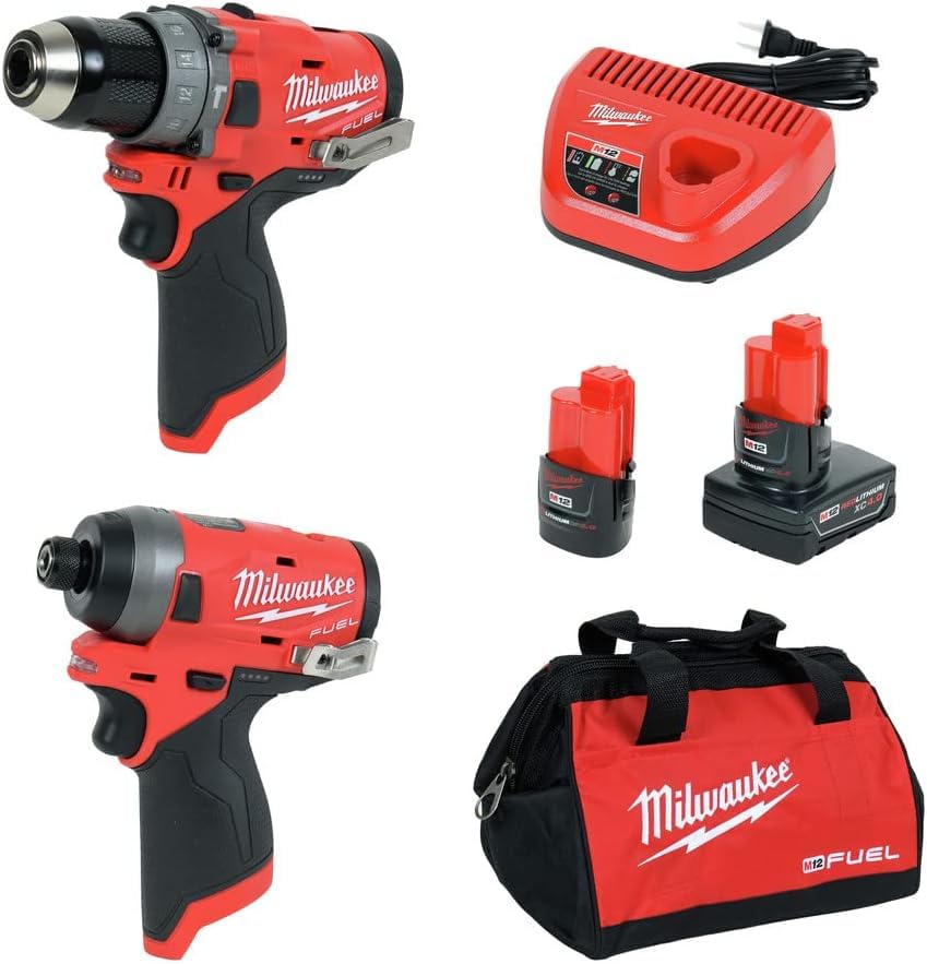 Milwaukee Electric Tools 2598-22 M12 Fuel Kit de 2 piezas: taladro percutor de 1/2 e impacto de 1/4