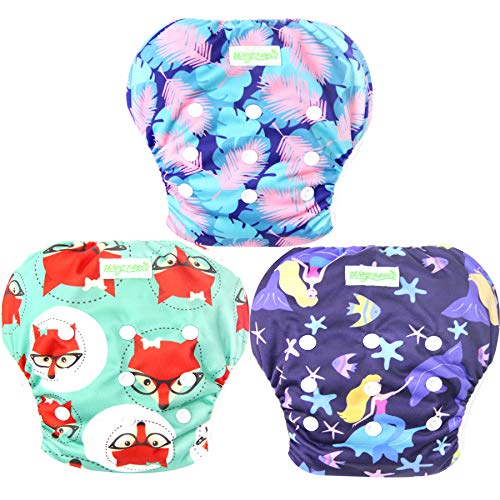 Wegreeco Baby & Toddler Snap One Size Adjustable Reusable Baby Swim Diaper (Mermaid,Fox,Feather,Small,3 Pack)