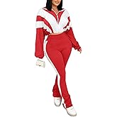 Vssjavun Women 2 Piece Outfit Color Block Long Sleeve Zip Drawstring Cropped Jacket Bodycon Long Pants Set Sweatsuit