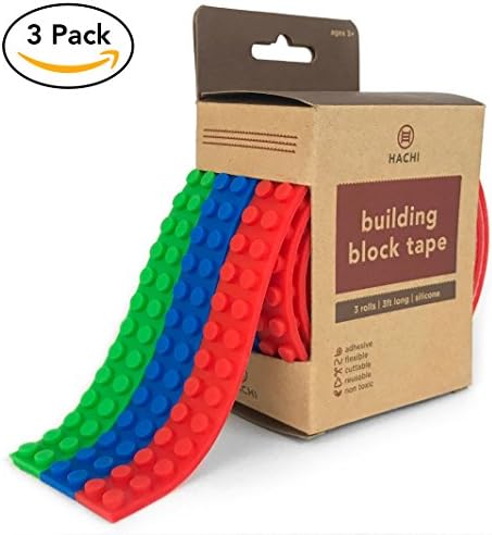 Building Block Adhesive Tape Rolls, 3 Pack with Red, Blue, Green Colors, 9.8ft Total, Compatible for Major Toy Brand Lego Blocks, Non-Toxic Safe Stick Silicone Construction, Kids Any Age can Play