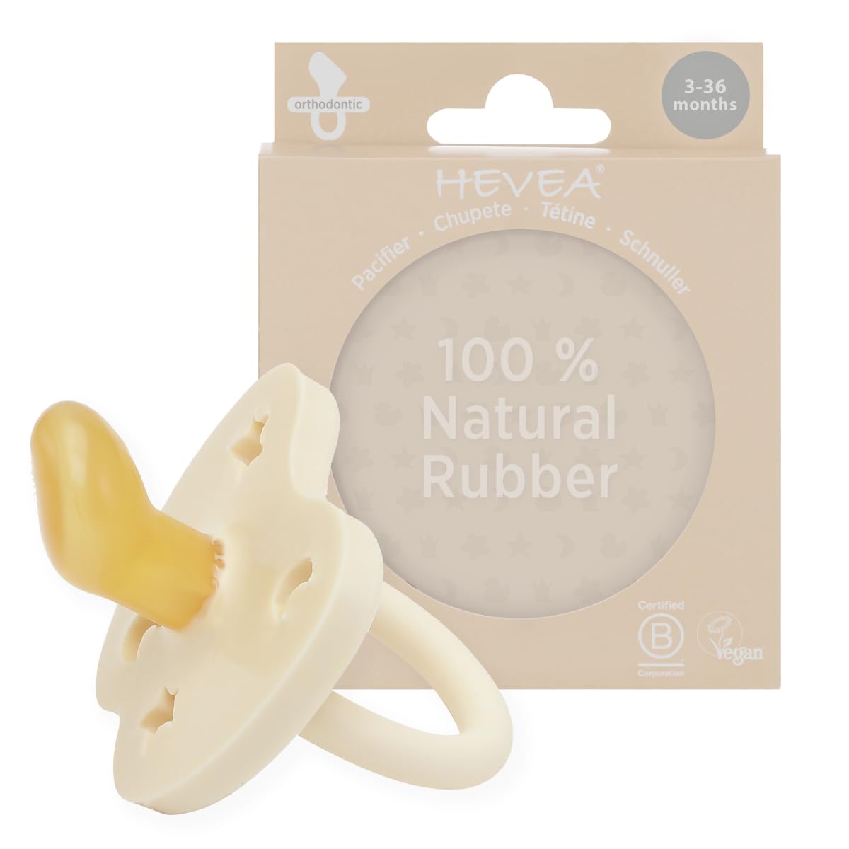 HEVEA Natural Rubber Soother Pacifier Orthodontic 3-36 Months Single-Pack (Milky White)