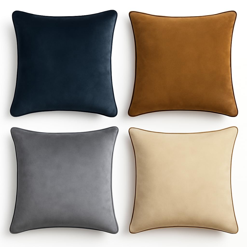 Blau Marité Decorative Velvet Throw Pillow Covers with Trim. Soft Velvet Decorative Pillow Cases. Velvet Cushion Covers. Contrast Pipping.(Brown, Beige and Grey, 18"x18, 4 units")