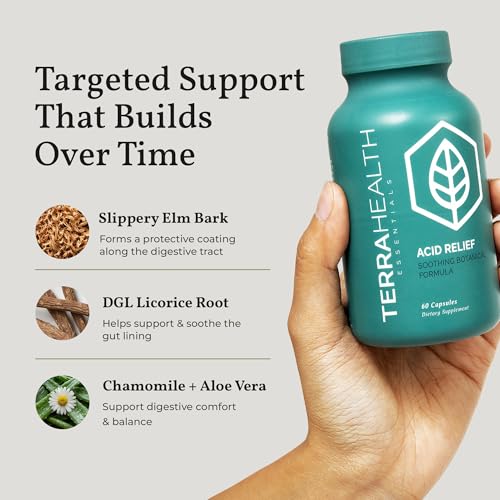 Terra Health Essentials Acid Relief - Daily Digestive Support Supplement for Gut Health & Balanced Digestion - Lemon Balm, Slippery Elm, Aloe Vera, DGL Licorice - Plant-Based & Non-GMO - 60 Capsules