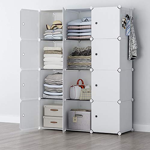 GEORGE&DANIS Portable Closet Wardrobe Dresser Armoire Plastic Storage Cube Organizer for Kids Teenagers, White, 14 inches Depth, 3x4 Tiers