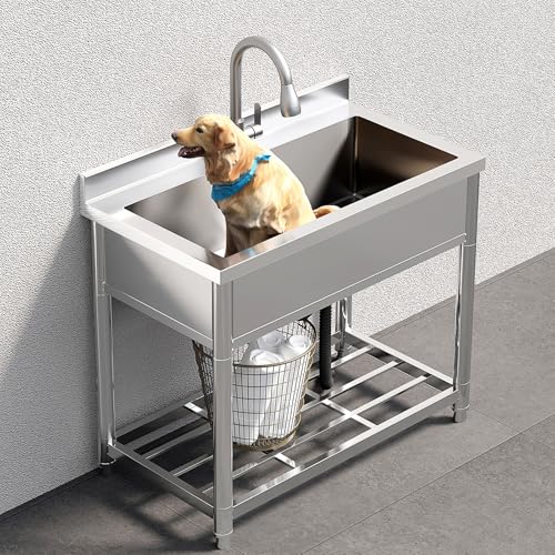 Vockol Large Stainless Steel Freestanding Sink, 90 cm Kitchen Sink with Pull Out Faucet, Freestanding Sink for Outdoor, Kitchen, Restaurant, Garage, Laundry Room, Jardi