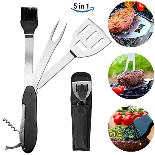 Camping Guru BBQ Multi Tool – 5 in 1 Stainless Steel Grilling Utensil including Bottle Opener, Spatula, Brush, Fork, Wine Opener, Assistive Device & Storage Bag | Ultimate Outdoor Kitchen Gadget