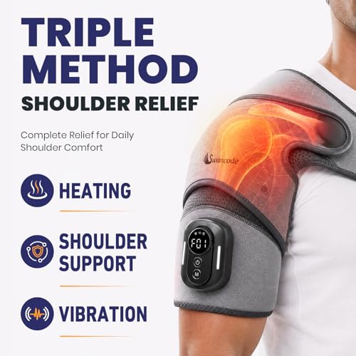 Swancode Triple Method Shoulder Massager with Heat, Vibration and Brace Support, 5000mAh Cordless Shoulder Heating Pad with Magnetic Controller, Shoulder Wrap for Muscle Relief