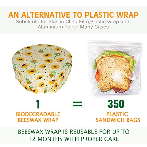 Beeswax Reusable Food Wraps, Washable Organic Cotton Food Wrap, Eco Friendly Plastic Free Food Storage, Zero Waste Reusable Beeswax Wrap- Refrigerator, Kitchen-6 PCS/Pack and Bonus 3 Mesh Bags 2 Ropes