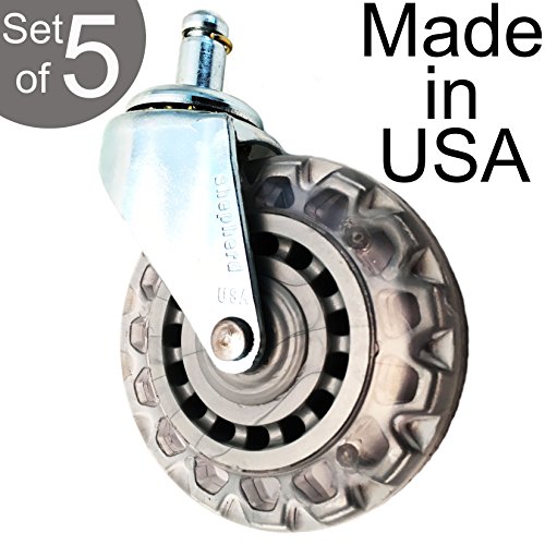 Set of 5 Rollerblade Style Office Chair Caster Wheels for Hard Floors 3" Diameter, 7/16" Diameter x 7/8" Length Grip Ring Stem, Made in USA will NOT Yellow
