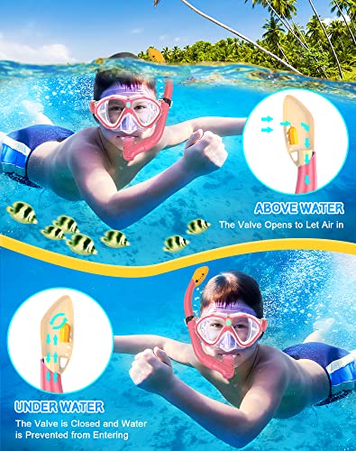 Gintenco Kids Snorkel Set, Diving Mask Dry Top Snorkel Set Kids, Anti-Fog Panoramic Snorkel Mask Impact Resistant Tempered Glass, Snorkelling Gear with Breathing Tube for Youth Junior Girls Boys