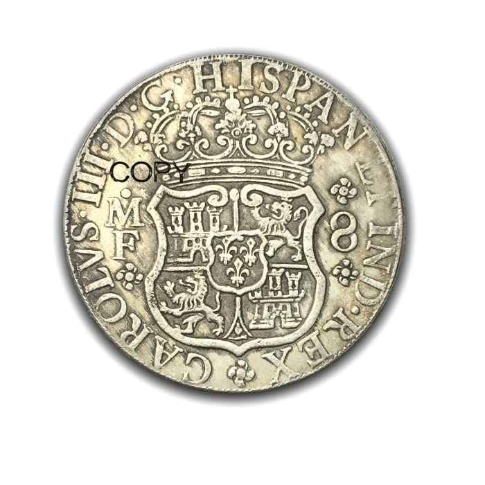 High quality replica of historic coin: Mexico 8 Reales Carlos III 1762 MM. Made of brass and silver plated.