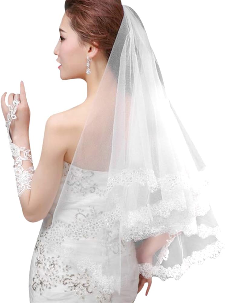 Bridal Short Lace Wedding Veil White With Crystals Sequins Handmade 2