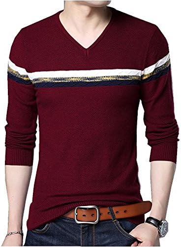 GARQEN Pullover Men V Neck Sweater Men Long Sleeve Shirt Mens Sweaters Wool Cashmere Knitwear Red 4XL