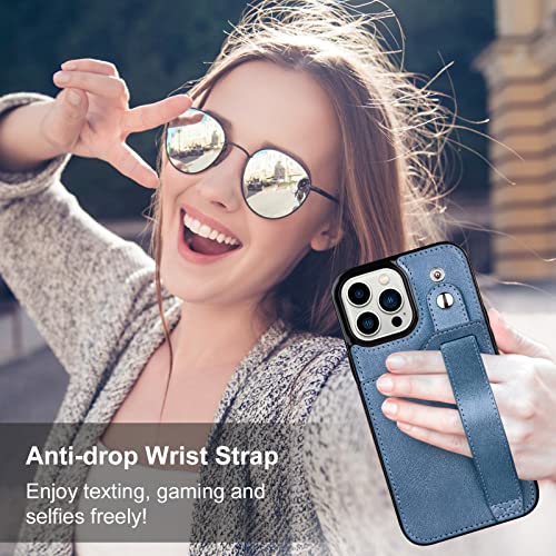 Vofolen for iPhone 13 Pro Max Case Wallet Protective Case with Credit Card Holder, PU Leather Shockproof Shell with Wrist Strap Kickstand Cover Compatible with iPhone 13 Pro Max 6.7 inch, Blue