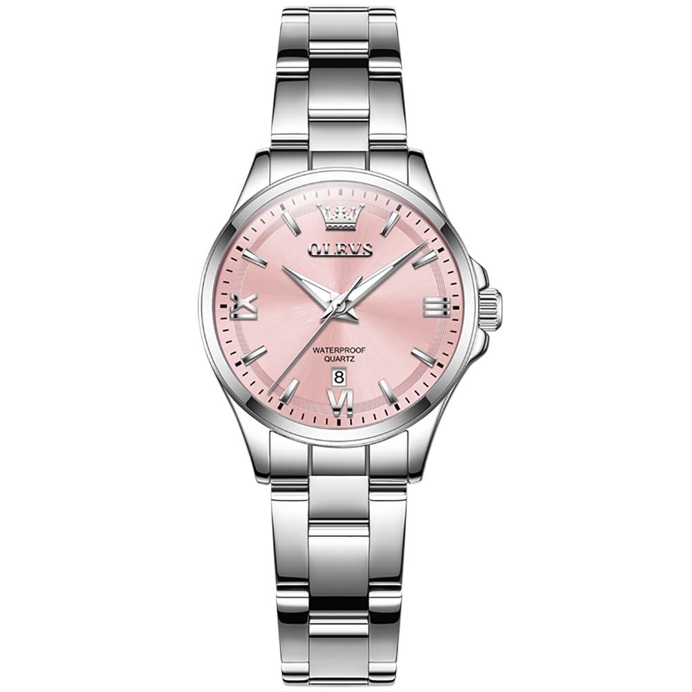 Photo 1 of OLEVS Watch Women Pink Face Silver Stainless Steel Waterproof Luxury Elegant Small Wrist Watches for Women Casual Luminous Minimalist Fashion Womens Watch Reloj para Mujer