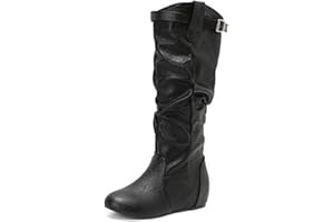 Womens Wide Calf Knee High Boots Flat Low Heel Slouch Round Toe Boots Side Zipper Fall Winter Western Cowgirl Booties