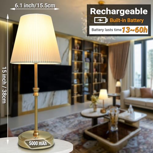 HSLighting Wireless Table Lamp, Cordless Lamps Battery Operated Fabric Shade Rechargeable Night Lamp Lightweight and Continuously Dimmable for Dining Room Living Room, 38cm 5000mAh