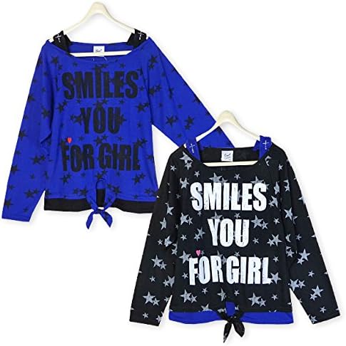 Amazon 子供服 女の子 Tシャツ 長袖 Silver Sue 重ね着風 ドルマン 前縛り 星柄 かすれプリント 女児 ジュニア ノーブランド品 1 ブルー 140cm Tシャツ カットソー 通販