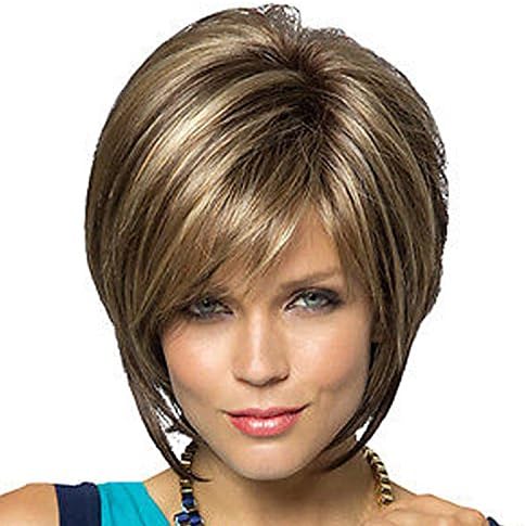 TXS Women's Fashionable Short Dark Brown Blonde Mixed Color Wigs with Side Bang