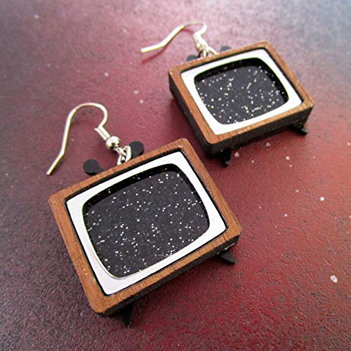 Nostalgic Mod CRT Static Screen TV Statement Dangle Earrings, Classic Television Jewelry - Thumbnail 2