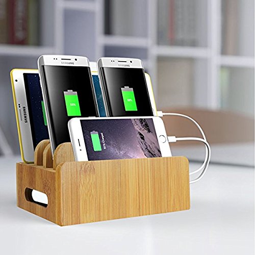 LENPOW Natural Bamboo Universal Charging Station Dock Stand Multi-device Organizer for Phones Pad Tablets Laptops - Strong Build ,Eco-Friendly