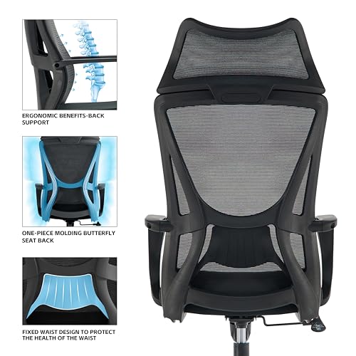 VOFFOV Ergonomic Office Chair with Fixed Wide Headrest, High-Back Mesh Desk Chair with Lumbar Support and Armrests, Swivel Computer Chair for Home Office (Black Headrest)