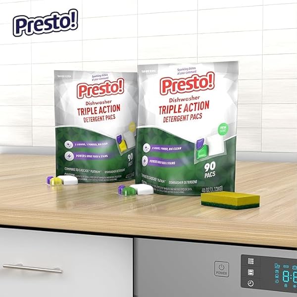AMAZON BRAND – PRESTO! TRIPLE ACTION DISHWASHER PACS, ANTI-SPOTTING, FRESH SCENT, NO PHOSPHATES OR CHLORINE, 70 COUNT