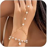 Cute Beaded Pearl Gold Hand Chain Bracelets Rings for Women Dainty, Exquisite Beads Pearls Finger Ring Slave Bracelet Party Prom Jewelry Accessories Gift