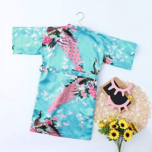 Girls Satin Bathrobe Size 4-12,SMALLE◕‿◕ Girls Ancient Art Print Silk Satin Long Bathrobe Kimono(9 Color) Sky Blue
