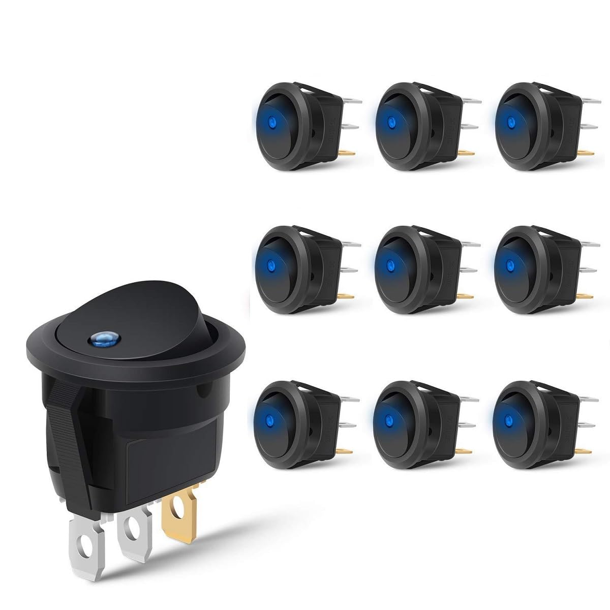 Wvzong 10Pcs 12V 20A SPST Rocker Switch with Blue LED - Waterproof Toggle Switch for Car, Marine, Boat, Truck, Trailer, RV - 20mm Round Hole Panel Mount