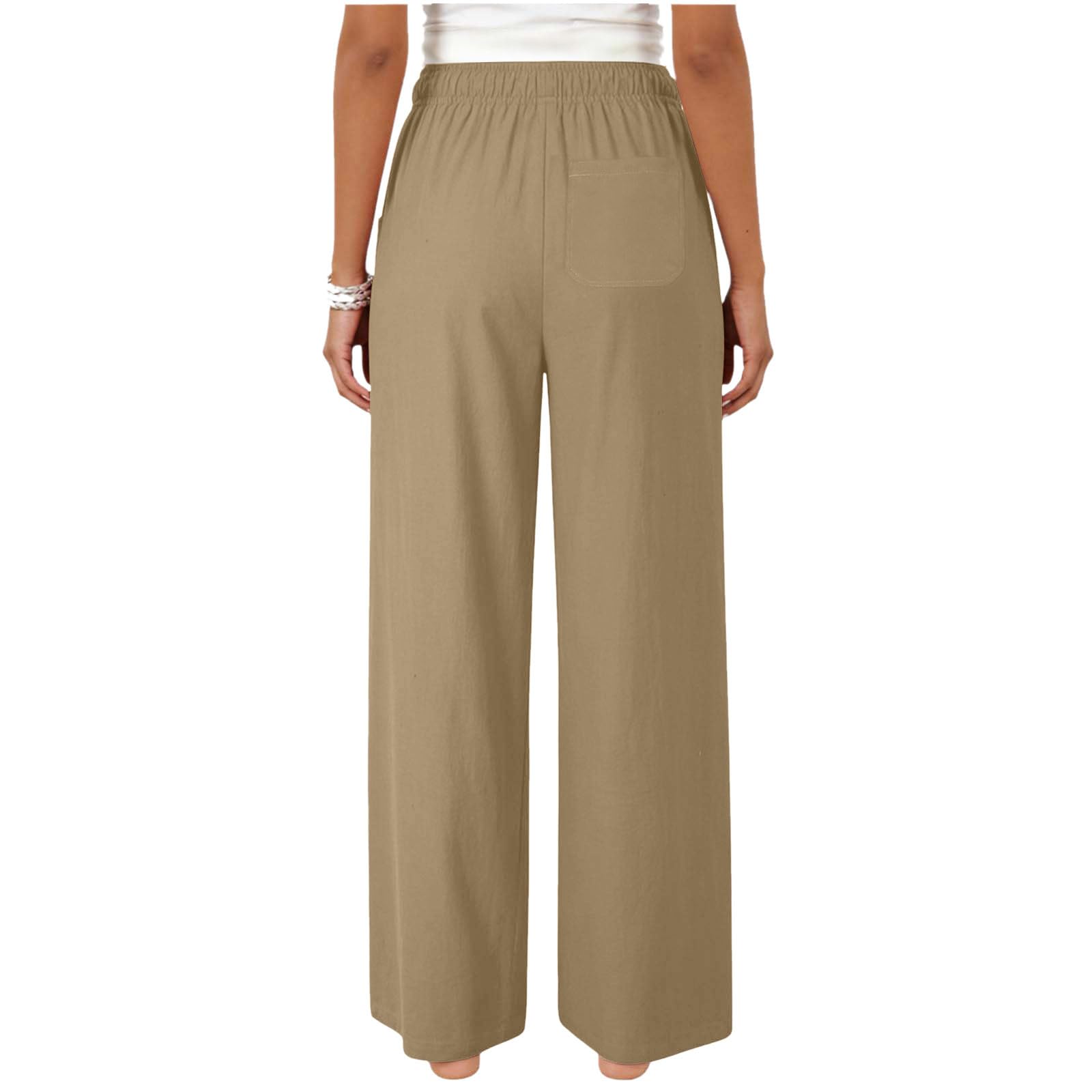 Linen Pants Women Drawstring Straight Leg Flowy Pants Baggy High Waist Lounge Trousers Cotton Summer Beach Trousers