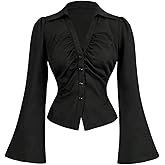 MakeMeChic Women's Bell Sleeve Button Down Shirt V Neck Ruched Collared Work Blouse Tops